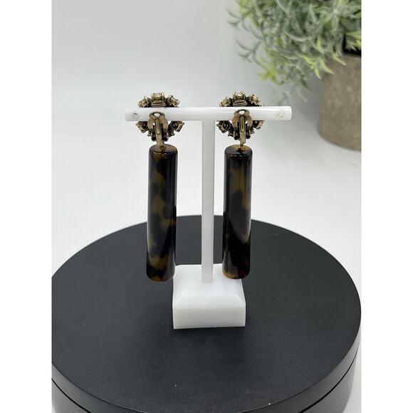 Tortoise Color Acetate Cylinder Earring, Crystal Round Modern Clip On Jewelry - Picture 6 of 13